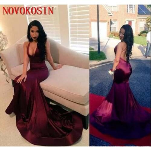 2019 Black Girl Backless Halter Satin Prom Dress With Deep V Neck Long Mermaid Formal Evening Gowns Count Train African Vestidos