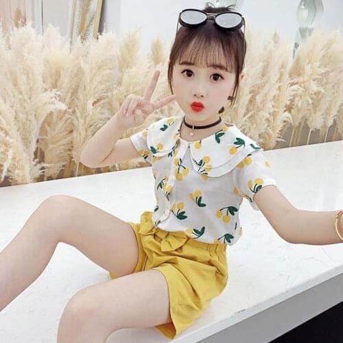 New 2020 Summer Cherry Pattern Short Sleeve T-shirt+Shorts 2Pcs/Set For 3T 4 5 6 7 8 9 10 11 12 Year Old Kids Girl Clothing Set