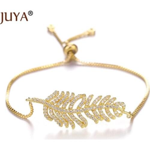 Juya Fashion Simple Adjustable Chain Copper Zircon Leaf Bracelets Bangles For Women Handmade Bracelet Jewelry Gift
