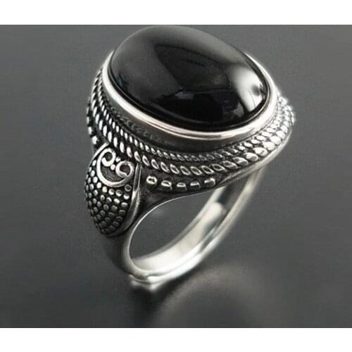 S925 Sterling Silver color Natural Black Onyx Stone Rings For Women Men Vintage Style Thai Silver color Open Type Ring Jewelry