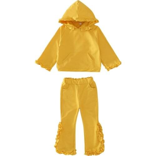 Girls Long Sleeve Hooded Casual Fashion Solid Color Flower Side Tracksuits Hoodies+Long Flare Pants 2PCS Autumn Clothing Sets