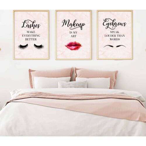 Fashion Canvas Makeup Quote Art Poster Print Eyelash Eyebrow Lips Pink Marble Painting Nordic Wall Picture for Living Room Decor
