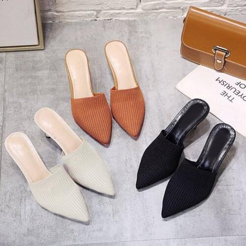 Fashion Slides Knitted Women Slippers Thin Heels Elegant Ladies Mules Outside Pointed Toe Female Shoes Spring Summer Sandals New