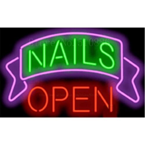 17*14" Nails Open NEON SIGN REAL GLASS BEER BAR PUB LIGHT SIGNS store display Restaurant shop Advertising Lights