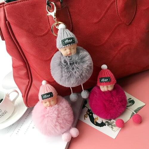New Pompom Sleeping Baby Keychain Cute Fluffy Plush Doll Keychains Women Girls Bag Keyrings Cars Key Jewelry Gift