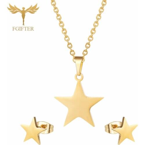 Casual Womens Jewelry Star Pendant Necklace Earrings Womens Girl Ear Studs Necklace Fashion Gold Stainless Steel Jewelry Set