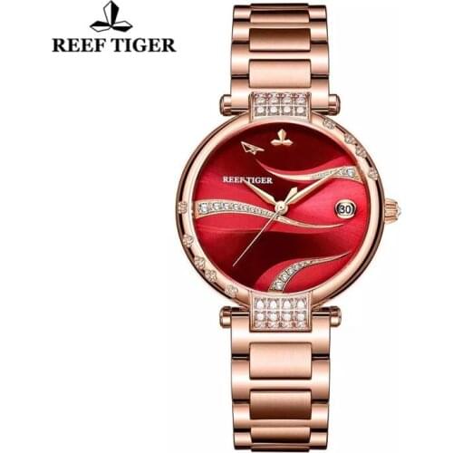 Reef Tiger/ RT Luxury Fashion Red Dial Rose Gold Diamond Women Watches Stainless Steel Bracelet Automatic Mechanical Watches