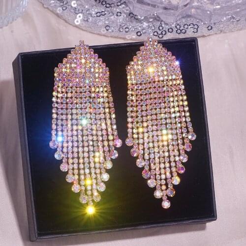 Luxury Rhinestone Long Tassel Earrings Big Earrings Wedding Jewelry Accessories Trendy Crystal Drop Dangle Earrings For Women