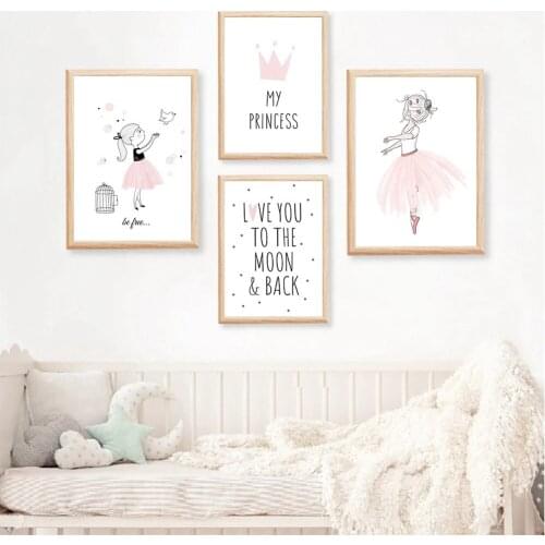 Pink Crown Girl Print Ballet Canvas Painting Quotes Wall Art Poster Cartoon Ballerina Print Nordic Wall Pictures Baby Room Decor
