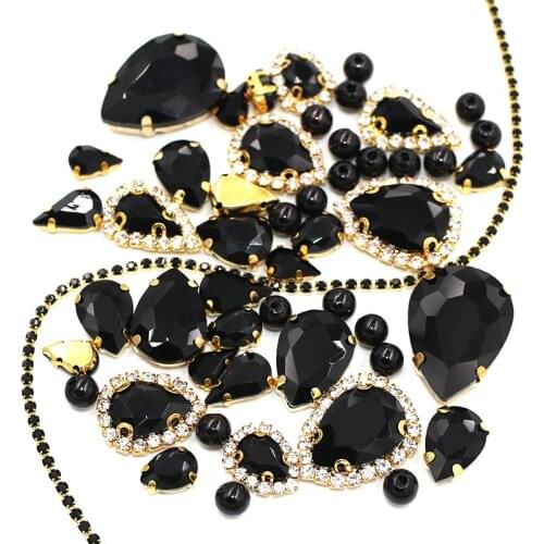Wedding Decoration gold base Black Mix size Glass Crystal Stones Pearl Beads Cup Chain Rim Rhinestones Sew On Clothing/Dress