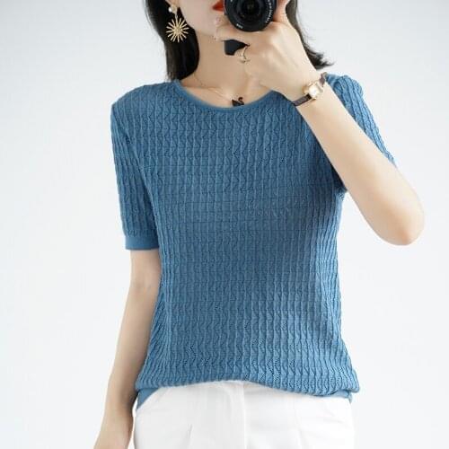 Zocept Summer Womens Broken Waves Striped Hollow T-Shirt Thin Sweaters Ladies Casual Knitted Pure Cotton Short-Sleeved Pullover