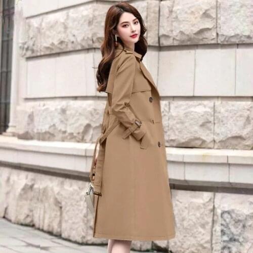 Spring New Trench Collection Women Double Breasted Korean Windproof Trench Coat with Belt Office Lady Lapel Long Windbreaker