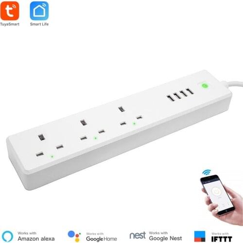 Tuya Smart UK Standard WiFi Smart Power Strip 3 Sockets 4 USB for Smart Home Alexa Echo Google Home Compatible WiFi Extension