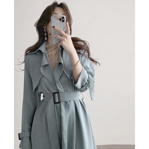 ZCSMLL Korean elegant lapel design style buckle lace-up waist knee-length long-sleeved windbreaker dress women