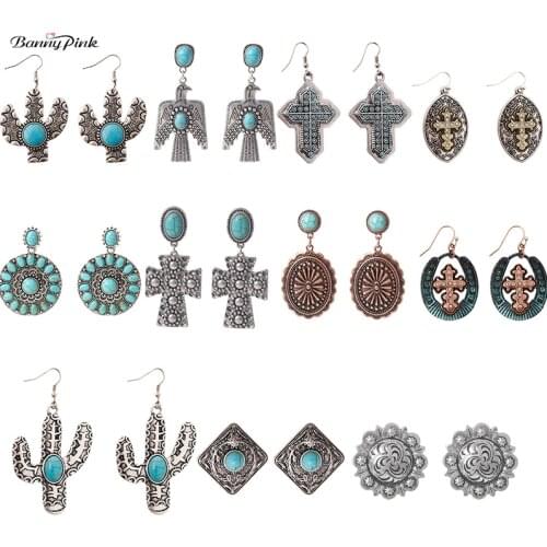 Banny Pink Tribal Eagle Cactus Sunflower Statement Earrings For Women Religious Cross Stone Pendant Jewelry Brincos