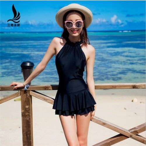 SANQi female siamese swimsuit small chest gathered slimming belly hot spring sexy backless large size swimming dress swimwear