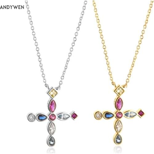 ANDYWEN 925 Sterling Silver Colorful Cross Pendant Long Chain Women Necklace 2020 European Fashion Jewelry Wedding Gift
