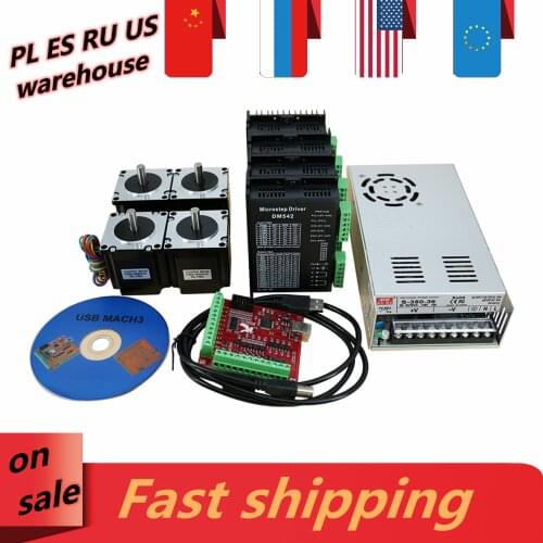 4 axis Nema23 stepper motor kit include 4 pcs 1.2Nm engine + 4 pcs DM542 Microstep driver + 1 pcs power + mach3 controller card