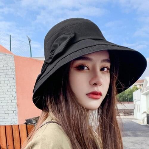 60% Dropshipping!!Women Solid Color Bowknot Wide Brim UV Protection Summer Sun Hat Bucket