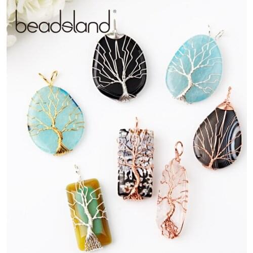 Beadsland Various Shapes Natural Stone With Tree Design Wire Wrapped Pendant For DIY Necklace Woman Girl Gift 40425