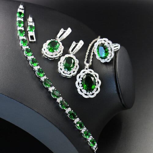 Shiny CZ Russian Style Oval Green Stone White CZ Silver Color Jewelry Bracelet Earring Necklace Ring Set Fast Shipping