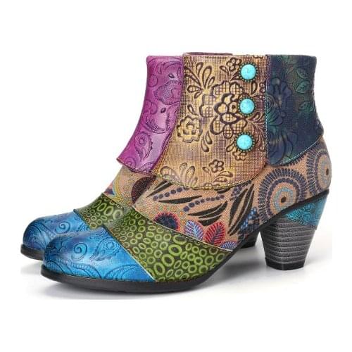 Handmade Genuine Leather Ankle Bootie, Women Floral Pattern Bohemia Heel Vintage Fashion Side Zipper Short Boots Botas Mujer