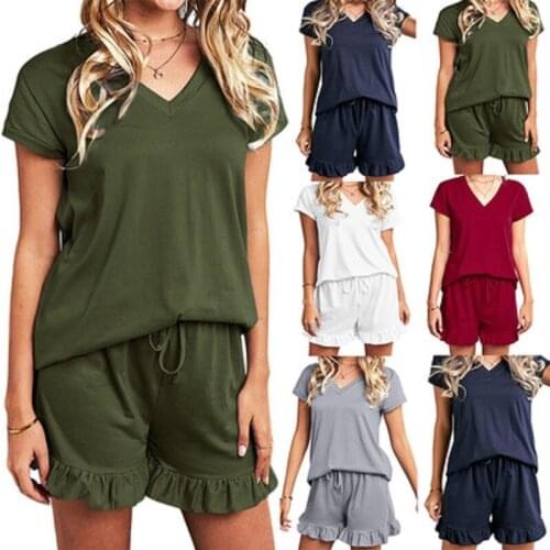 Two-Piece Sets Women Solid Color Short V-neck Tops and Drawstring Waist Shorts Sleepwear Summer Soft Pajamas Home Clothes
