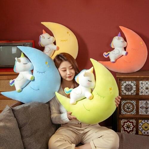 Kawaii Moon with Unicorn Plush Toys Dolls Stuffed Pillow for Infant Kids Baby Girl Birthday Home Decor Appease Gift