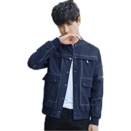 Fashion Simple Men Long Sleeve Jacket 2018Single Breasted Men Loose Jacket Two Colors Stand-Collar Short Male Outerwear CoatQ164
