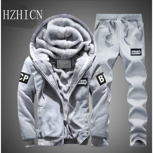 Winter Inner Fleece Hoodies Men 2020 Casual Hooded Warm Sweatshirts Male Thicken Tracksuit 2PC Jacket+Pant Men Moleton Masculino