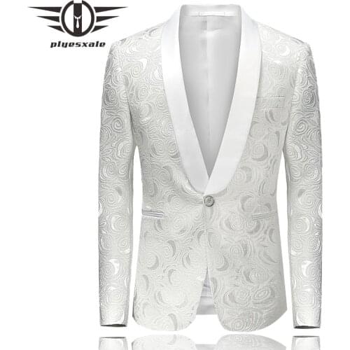 Plyesxale Blazer Men 2018 Slim Fit Mens Floral Blazer Stylish Shawl Collar Suit White Wedding Blazers For Men Stage Wear Q233
