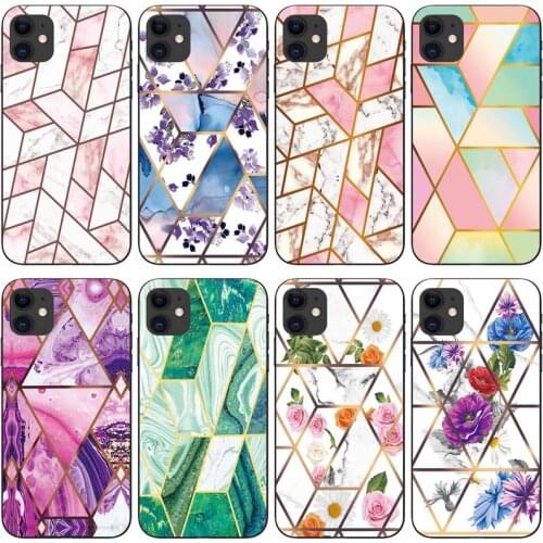 Soft Phone Case for iPhone 11 Funda Glossy Colorful Flower Silicone Phone Back Cover Geometric Marble Shell