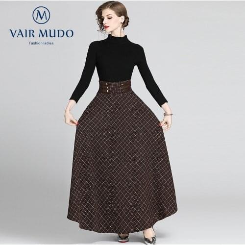 New Style Big Hem And Ankle High Waist Plaid Extra-Long Strappy Bust Skirt + Knitted Bottoming Shirt Women Dress Elegant Y-299