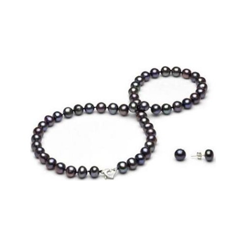 Free shipping luxury Noble jewelry sets 9-10mm round Tahitian black green pearl necklace 18"&earring silver clasp