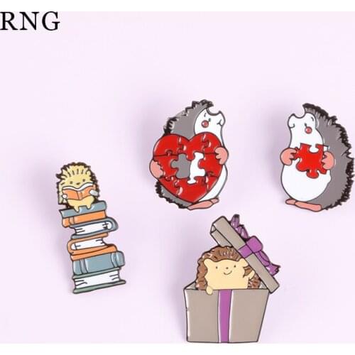 RNG New Cute Hedgehog Reading Gift Box Books Metal Pins Creative Animal Childrens Collar Shirt Jewelry Pins