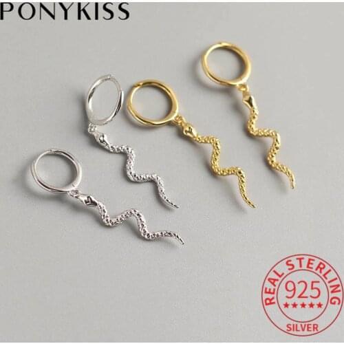PONYKISS 100% 925 Sterling Silver Hyperbole Pendant Snake Hoop Earrings Women Punk Fashion Earrings Accessory Girl Chic Gift