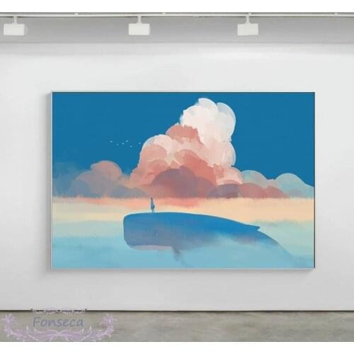 Nordic Sea Whale In The Sky Scenery Canvas Painting Pink Cloud Posters and Prints Wall Art Pictures for Home Living Room Decor