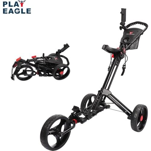 PLAYEAGLE Golf Push Cart Swivel Foldable 3 Wheels Pull Cart Golf Trolley with Umbrella Stand Golf Cart Bag Carrier