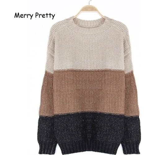 Merry Pretty Autumn Winter patchwork color sweter o-neck knitted jumper loose casual warm thick femme christmas sweater pullover