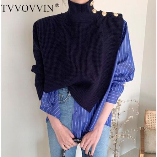 TVVOVVIN Women Sweater Turtleneck Knitted Sweater Striped Stitching Fake Two Knit Pullovers Women Tops Autumn Winter 7I8D