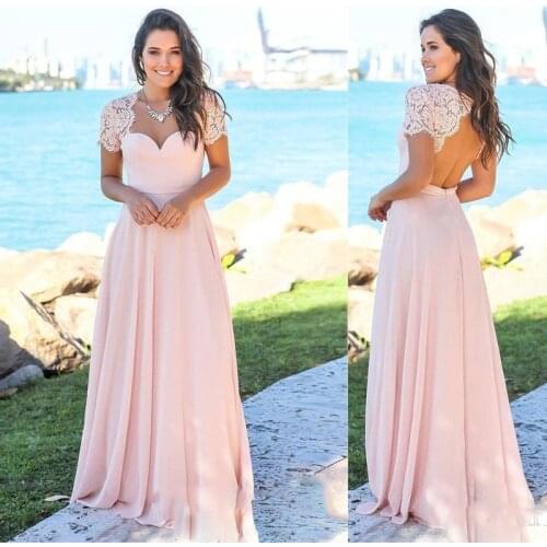 Gorgeous Simple Sweetheart Lace Cap Sleeves Long Pink Chiffon Bridal Dress Bridesmaid dresses