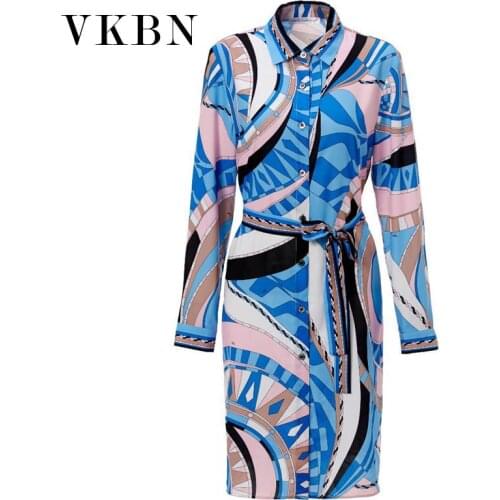 VKBN Summer Dresses for Women 2021 Straight Silk Long Sleeve Sashes Fashion Printing Plus Size Party Clothing for Women