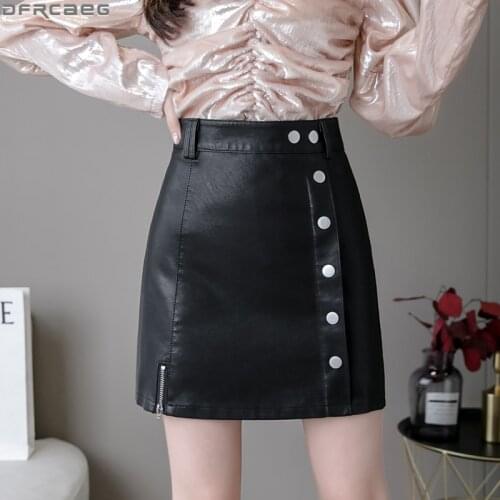 New High Waist PU Leather Skirt For Women 2020 Autumn Winter Beige Black Jupe Femme Single Button Zipper Split A-line Skirts