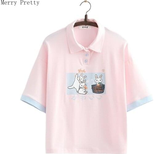 Harajuku Cartoon Rabbit Print Casual Summer T-Shirts Women 2021 Sweet Style Short Sleeve Turndown Collar TeeFemale Cotton Tops