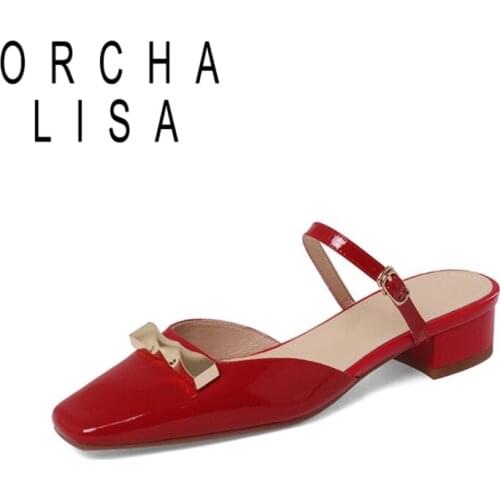 ORCHA LISA New 2021 Summer Women Mules Metal Genuine Leather Modern Slippers Ladies Low Heels Slides Square Toe Comfot Plus