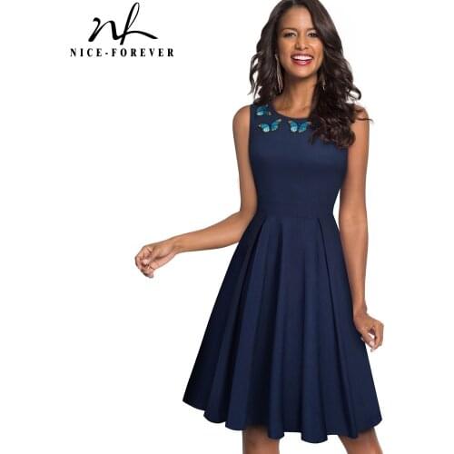 Nice-forever Elegant Embroidery Butterfly Sleeveless vestidos Pure Color A-Line Business Party Women Flare Dress A089