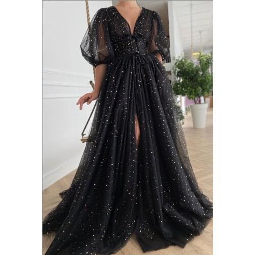 Elegant Sexy Low-cut V-neck Lantern Sleeve Sparkling Mesh Sequined Dress Summer Women Vintage Stars A-line Party Dresses Black