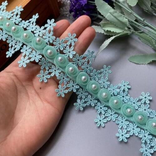 2 Yards Soluble Green Tassel 3D Pearl Floral Embroidered Lace Trim Applique Fabric Ribbon Sewing Craft For Wedding Costume Hat