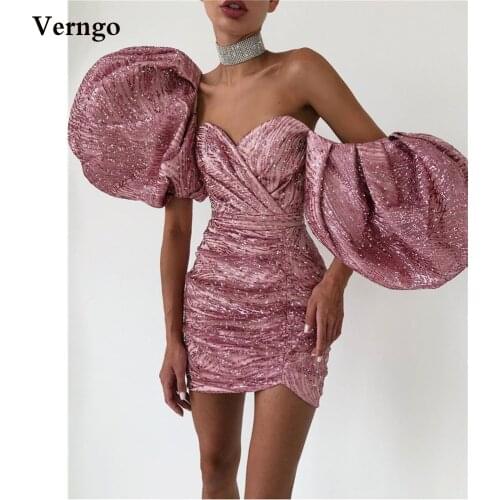 Verngo Glitter Dusty Pink Cocktail Dresses Short Puff Sleeves Sweetheart Mini Prom Party Gowns 2021 Lady Formal Occasion Dress