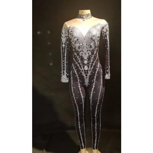 Big Glass Diamond Full Sparkling Crystals Black Women Stage Dj Jumpsuit Nightclub Birthday Party Stage Wear Dancer Singer Outfit